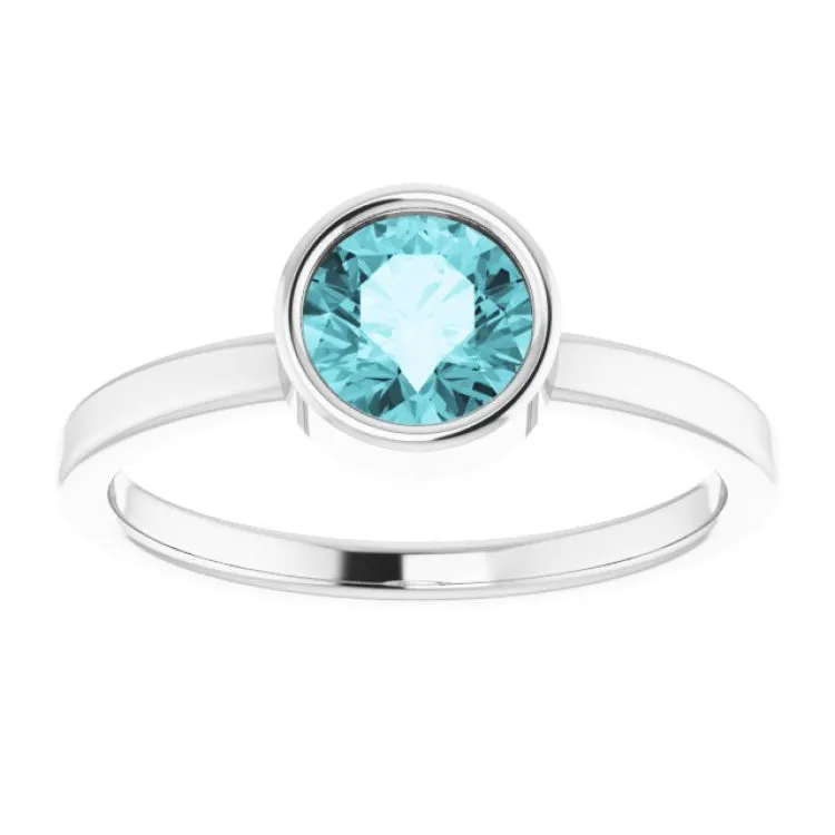 14K White 6 mm Natural Blue Zircon Ring