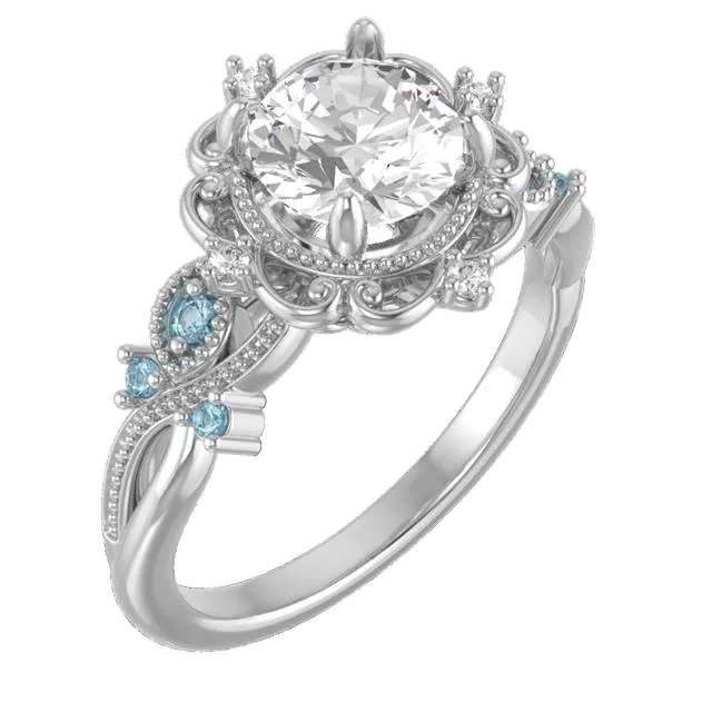 14K White Gold 1 CT Round Lab-Grown Floral Engagement Ring Mounting