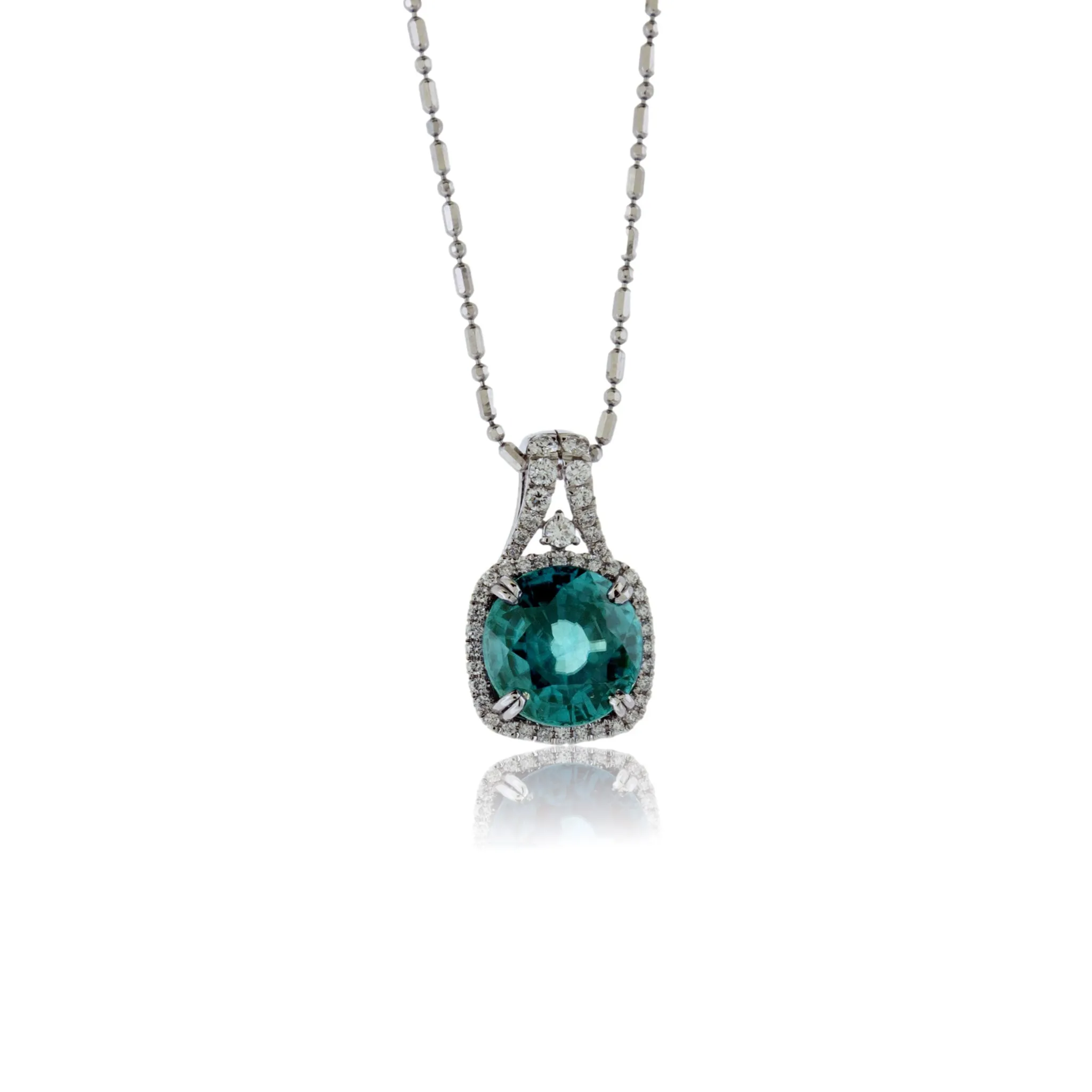 14K White Gold 7.41ctw Blue Zircon Diamond Halo Pendant