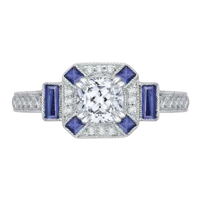 14K White Gold Cushion Cut Diamond Halo Engagement Ring with Sapphire (Semi Mount)