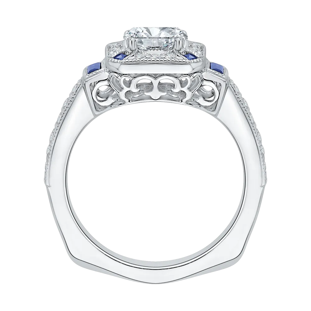 14K White Gold Cushion Cut Diamond Halo Engagement Ring with Sapphire (Semi Mount)