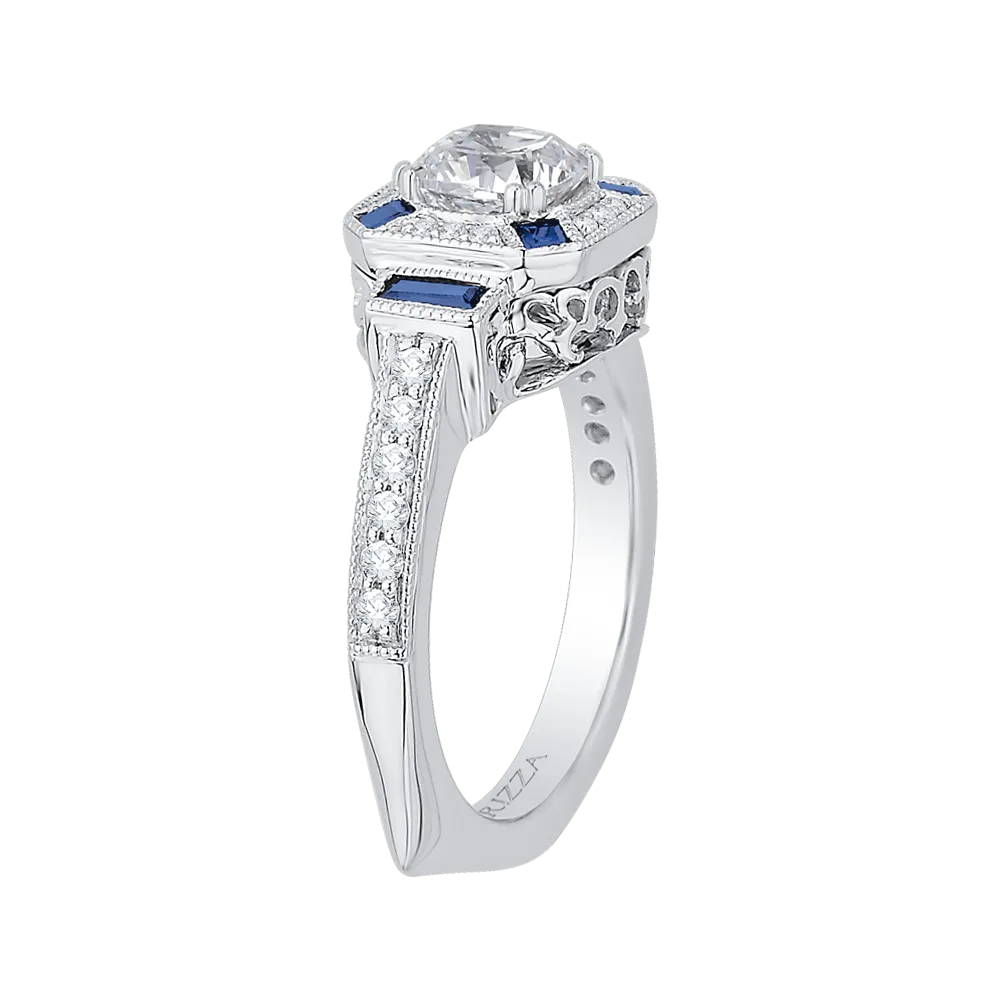 14K White Gold Cushion Cut Diamond Halo Engagement Ring with Sapphire (Semi Mount)