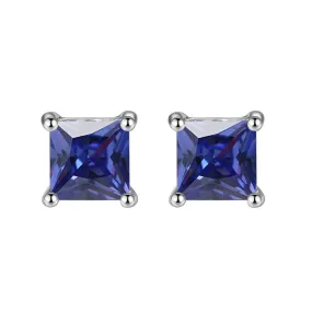 14k White Gold Plated 1/2 Carat Princess Cut Created Blue Sapphire Stud Earrings