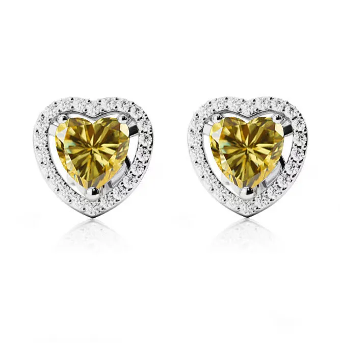 14k White Gold Plated 3 Ct Created Halo Heart Yellow Sapphire Stud Earrings