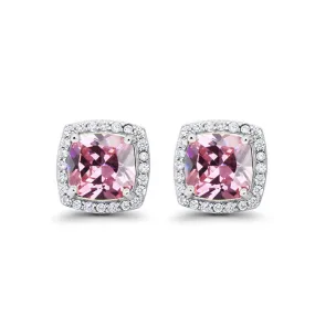 14k White Gold Plated 3 Ct Created Halo Princess Cut Pink Sapphire Stud Earrings