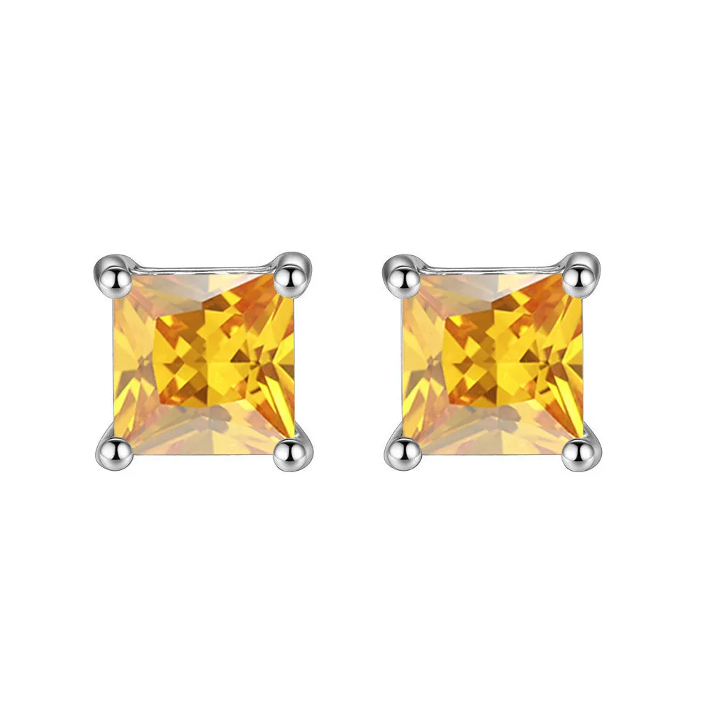 14k White Gold Plated 4 Carat Princess Cut Created Yellow Sapphire Stud Earrings