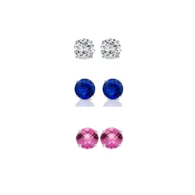 14k White Gold Plated 4Ct Created White Sapphire, Blue Sapphire and Pink Sapphire 3 Pair Round Stud Earrings