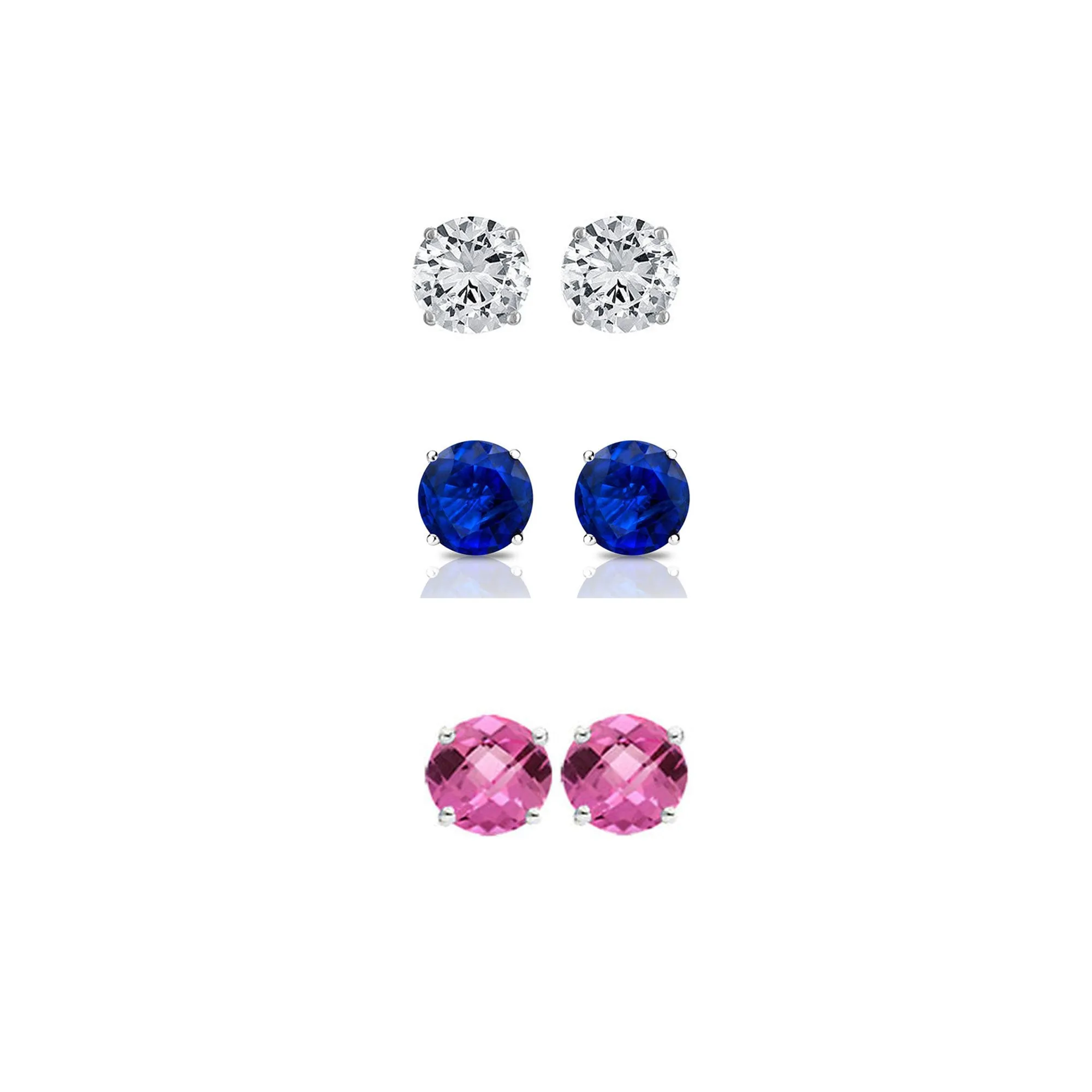 14k White Gold Plated 4Ct Created White Sapphire, Blue Sapphire and Pink Sapphire 3 Pair Round Stud Earrings