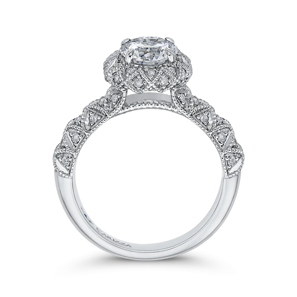 14K White Gold Round Cut Diamond Flower Halo Engagement Ring (Semi Mount)