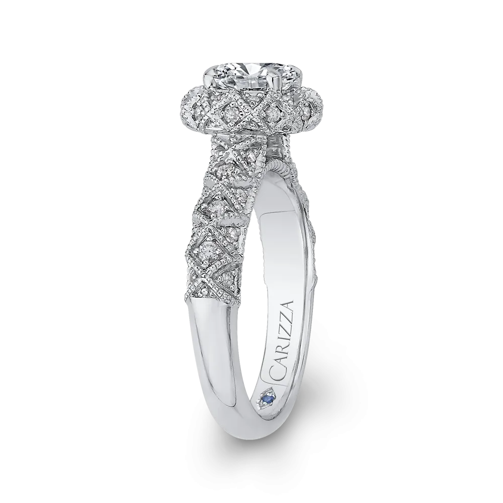 14K White Gold Round Cut Diamond Flower Halo Engagement Ring (Semi Mount)