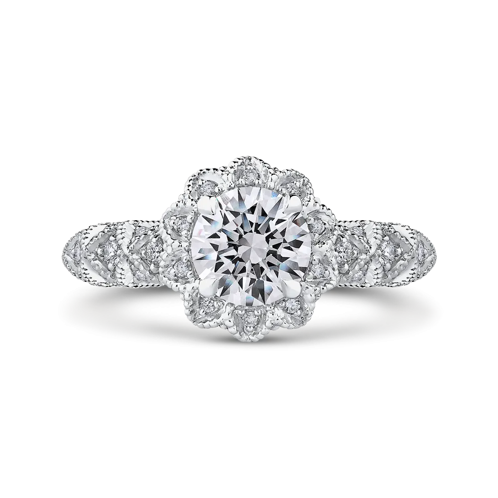 14K White Gold Round Cut Diamond Flower Halo Engagement Ring (Semi Mount)