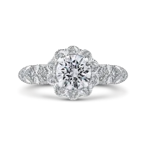 14K White Gold Round Cut Diamond Flower Halo Engagement Ring (Semi Mount)