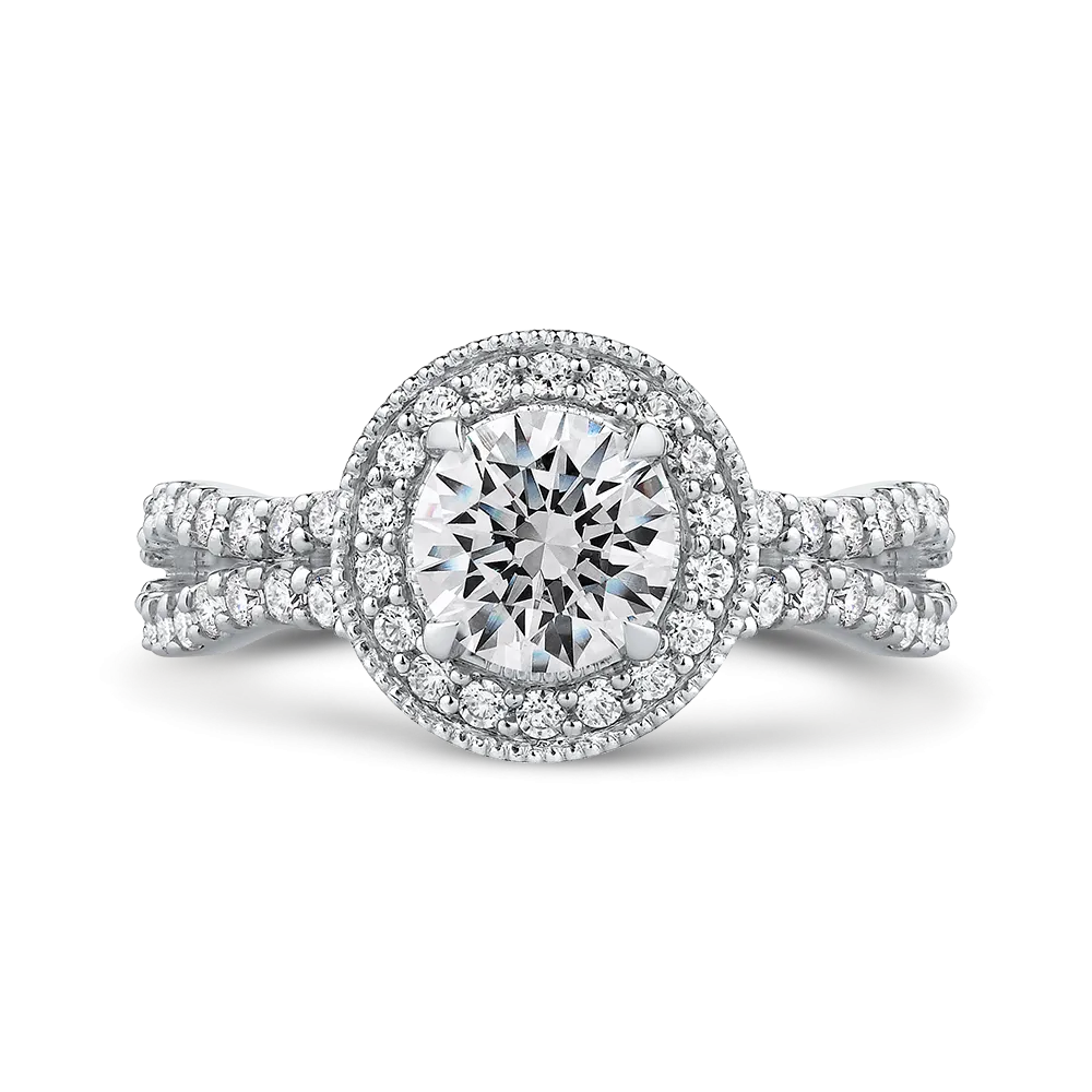 14K White Gold Round Diamond Halo Engagement Ring with Split Shank (Semi Mount)