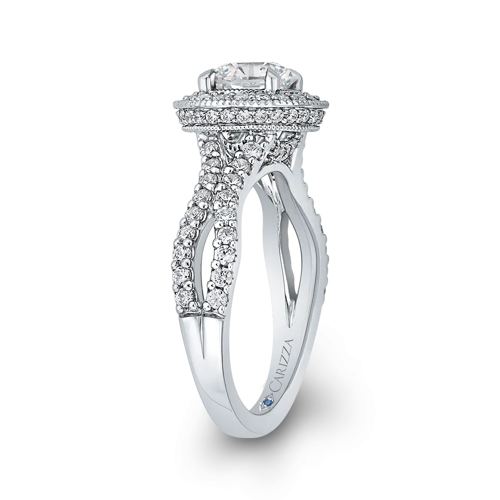 14K White Gold Round Diamond Halo Engagement Ring with Split Shank (Semi Mount)