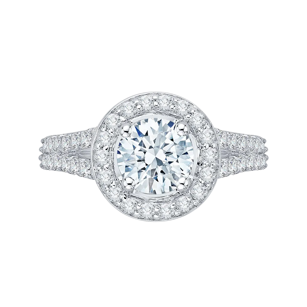 14K White Gold Round Diamond Halo Engagement Ring with Split Shank