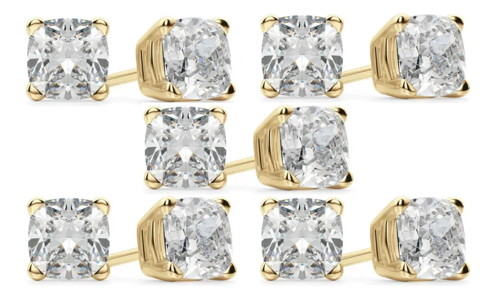 14k Yellow Gold 1/2Ct Cushion Cut White Sapphire Set Of Five Stud Earrings Plated