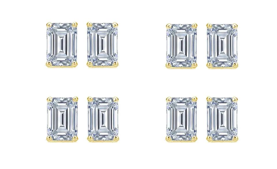 14k Yellow Gold 3Ct Emerald Cut White Sapphire Set Of Four Stud Earrings Plated