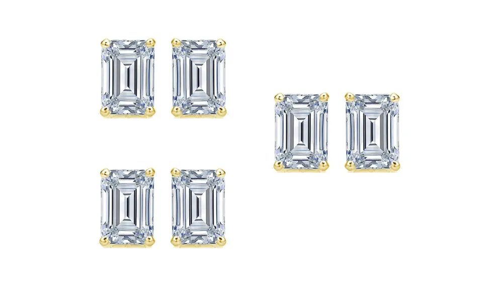 14k Yellow Gold 3Ct Emerald Cut White Sapphire Set Of Three Stud Earrings Plated