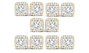 14k Yellow Gold 4mm 3Ct Cushion Cut White Sapphire Set Of Five Halo Stud Earrings Plated