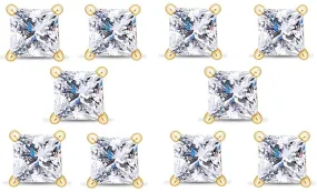 14k Yellow Gold Plated 1/2Ct Princess Cut White Sapphire Set Of Five Stud Earrings