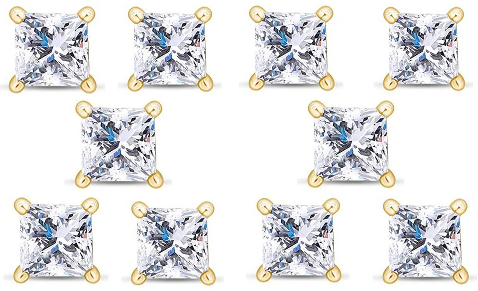 14k Yellow Gold Plated 1/2Ct Princess Cut White Sapphire Set Of Five Stud Earrings