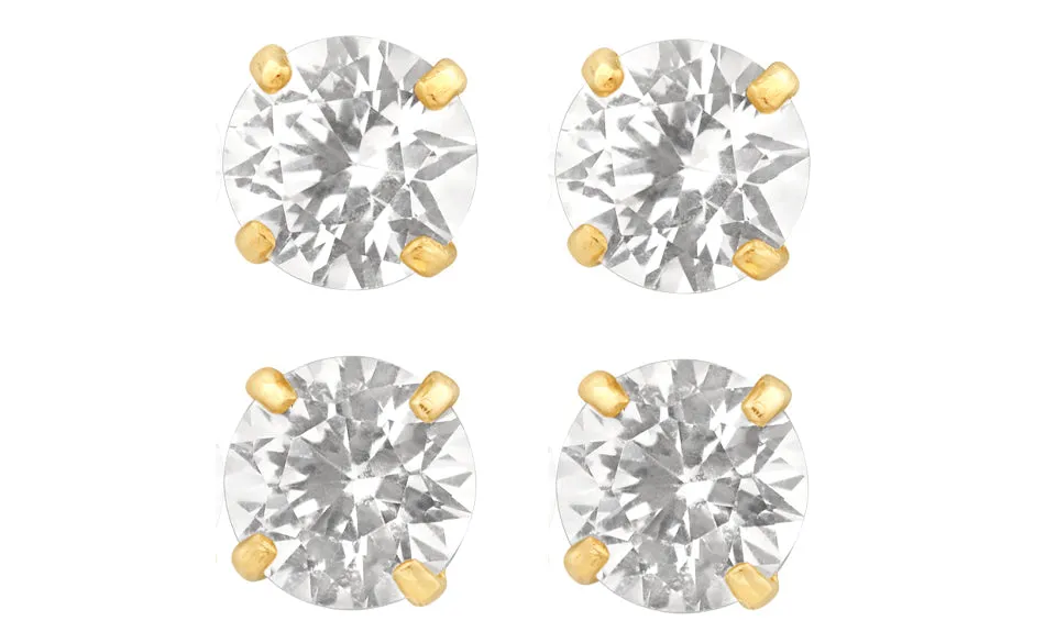 14k Yellow Gold Plated 1/2Ct Round White Sapphire Set Of Two Stud Earrings