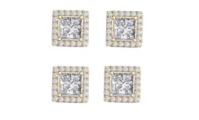 14k Yellow Gold Plated 1/2Ct Square Cut White Sapphire Set of Two Halo Stud Earrings