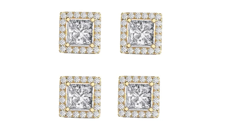 14k Yellow Gold Plated 1/2Ct Square Cut White Sapphire Set of Two Halo Stud Earrings