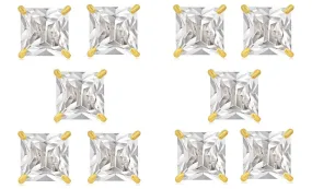 14k Yellow Gold Plated 1Ct Square Cut White Sapphire Set Of Five Stud Earrings