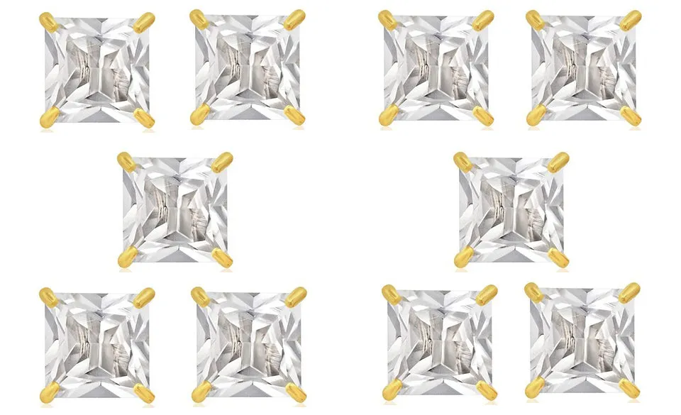 14k Yellow Gold Plated 1Ct Square Cut White Sapphire Set Of Five Stud Earrings