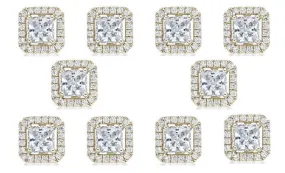 14k Yellow Gold Plated 4Ct Princess Cut White Sapphire Set of Five Halo Stud Earrings