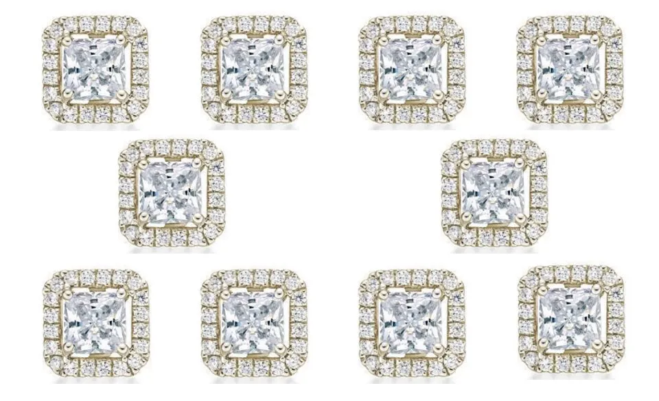 14k Yellow Gold Plated 4mm 2Ct Princess Cut White Sapphire Set of Five Halo Stud Earrings