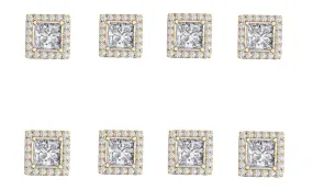 14k Yellow Gold Plated 4mm 2Ct Square Cut White Sapphire Set of Four Halo Stud Earrings