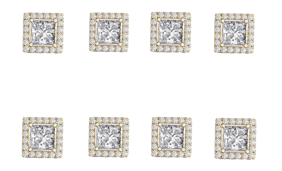 14k Yellow Gold Plated 4mm 2Ct Square Cut White Sapphire Set of Four Halo Stud Earrings