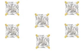 14k Yellow Gold Plated 4mm 2Ct Square Cut White Sapphire Set Of Three Stud Earrings