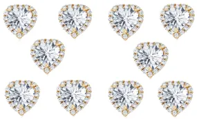 14k Yellow Gold Plated 6mm 2Ct Heart White Sapphire Set of Five Halo Stud Earrings