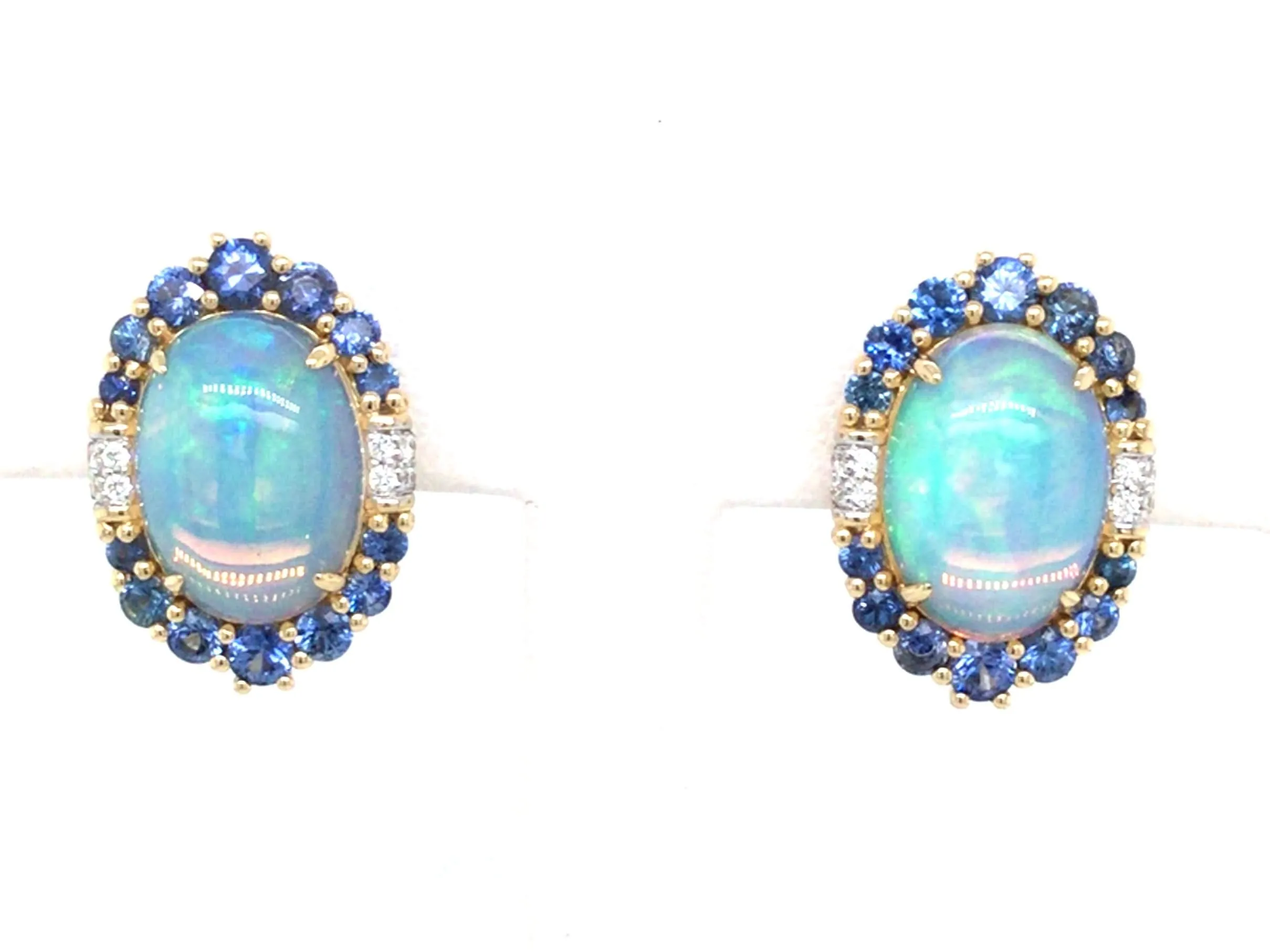 14K Yellow Opal, Sapphire and Natural Diamond Stud Earrings