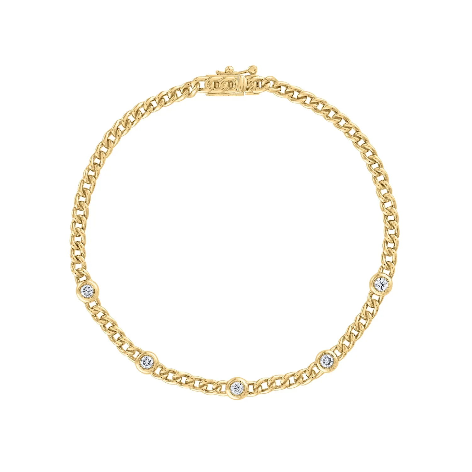 14KT GOLD DIAMOND FIVE BEZEL CURB BRACELET