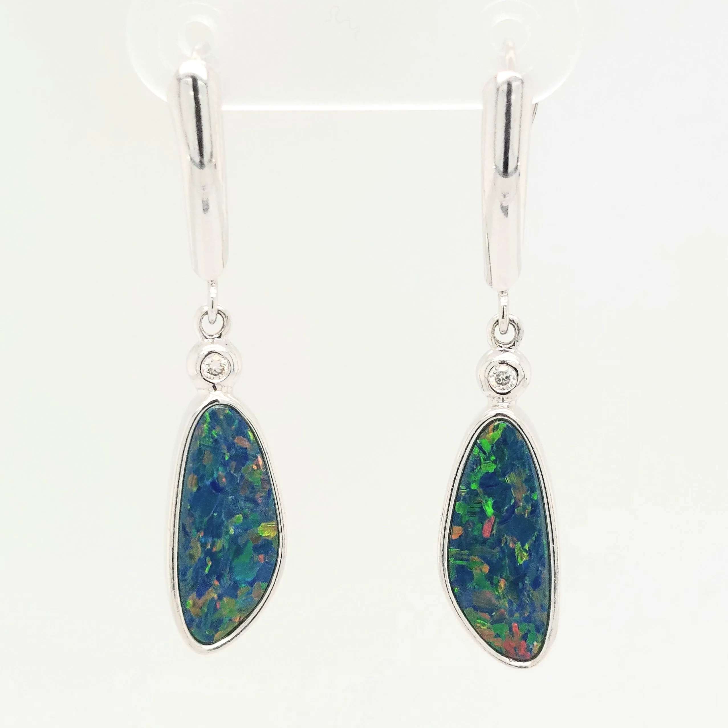 14KW Australian Opal Doublet & Diamond Dangle Earring Pair