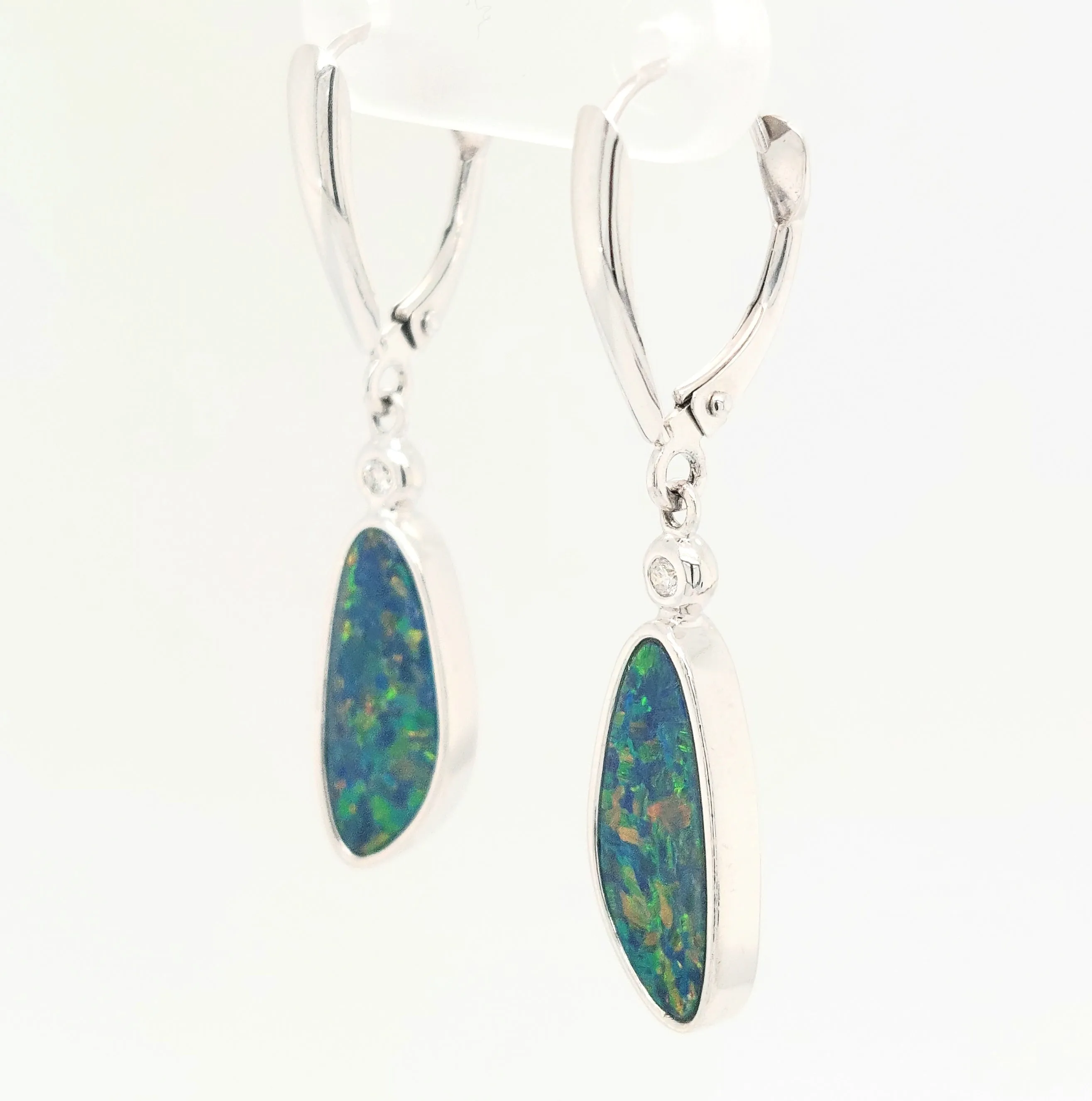 14KW Australian Opal Doublet & Diamond Dangle Earring Pair