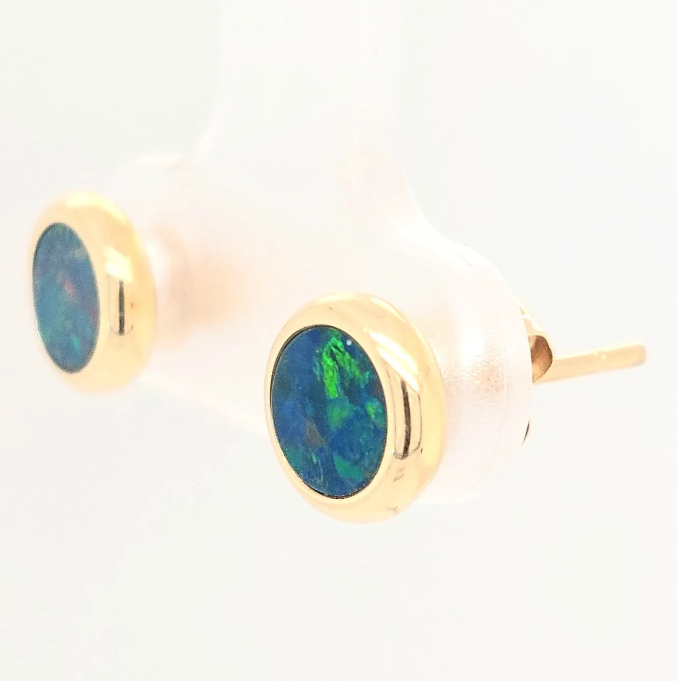 14KY 5mm Round Australian Opal Doublet Stud Earring Pair