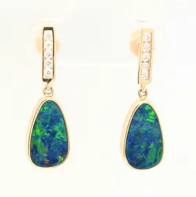 14KY Australian Opal Doublet & Diamond Dangle Earring Pair