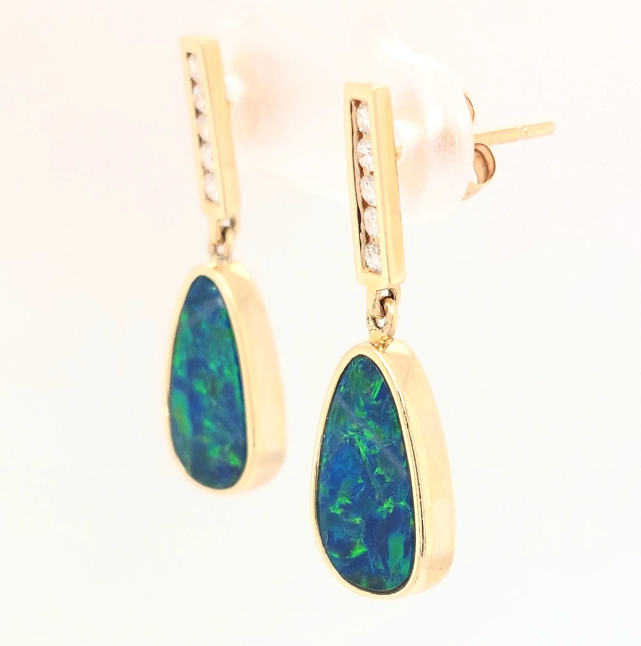 14KY Australian Opal Doublet & Diamond Dangle Earring Pair