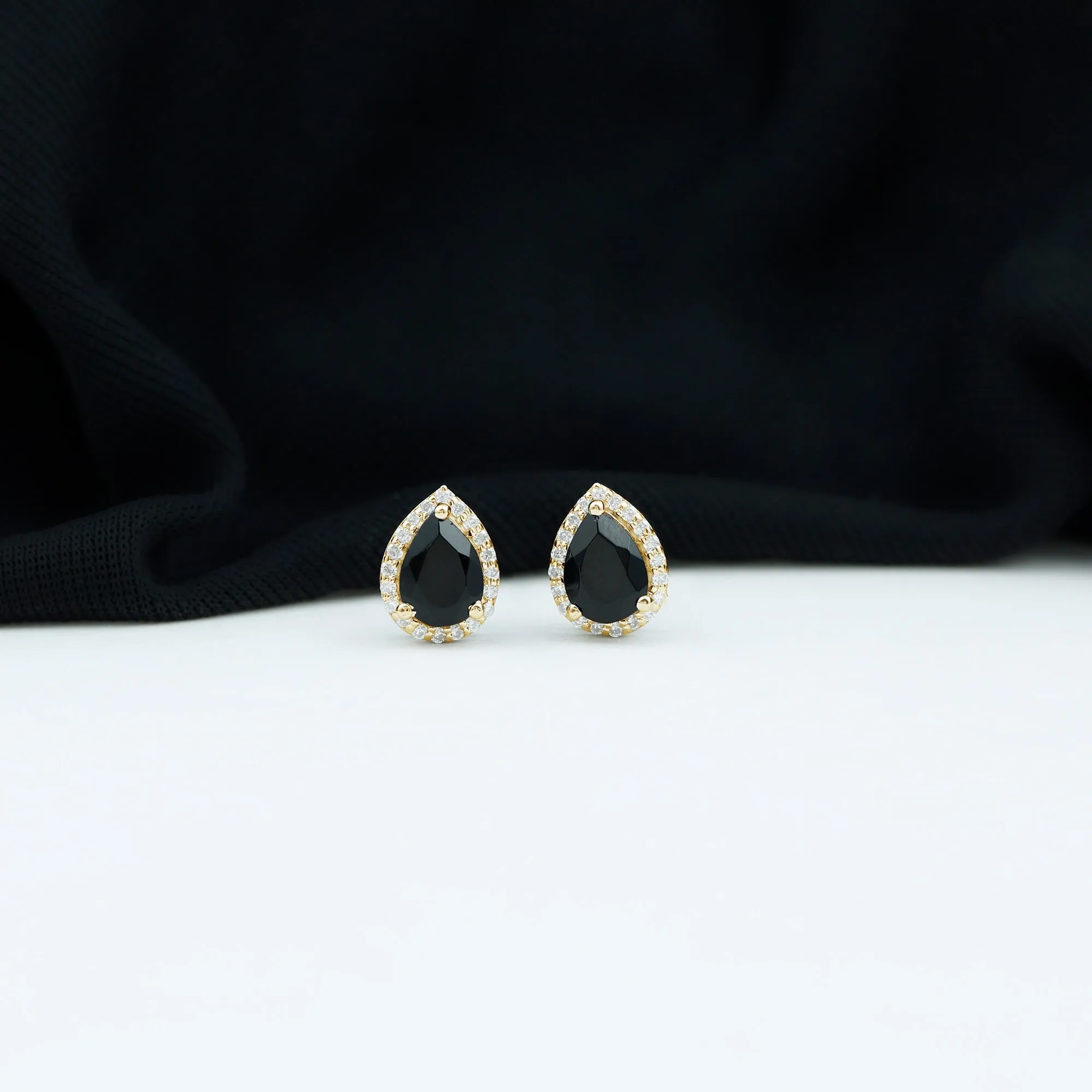 1.50 CT Classic Pear Cut Black Spinel and Diamond Stud Earrings