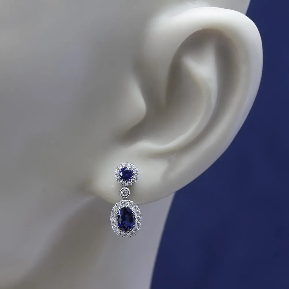 18ct White Gold Sapphire & Diamond Halo Cluster Drop Earrings