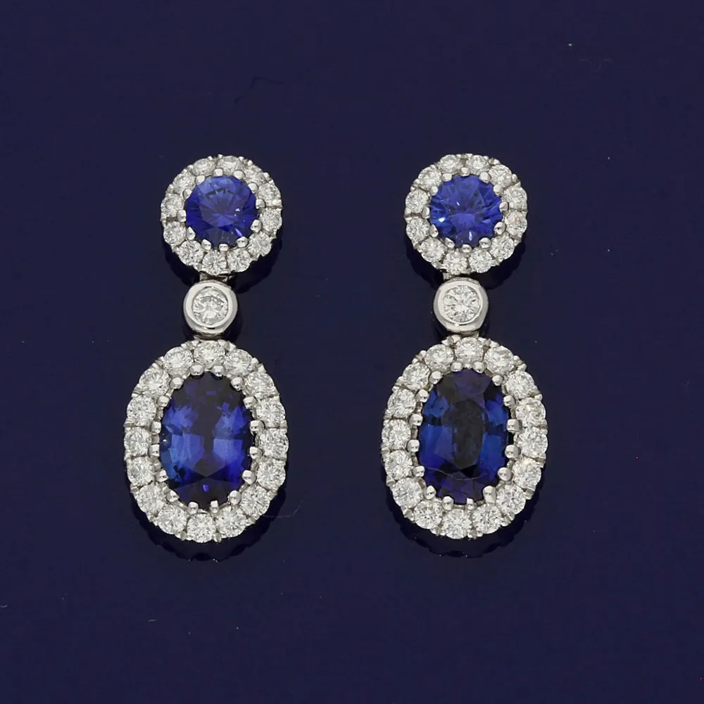 18ct White Gold Sapphire & Diamond Halo Cluster Drop Earrings