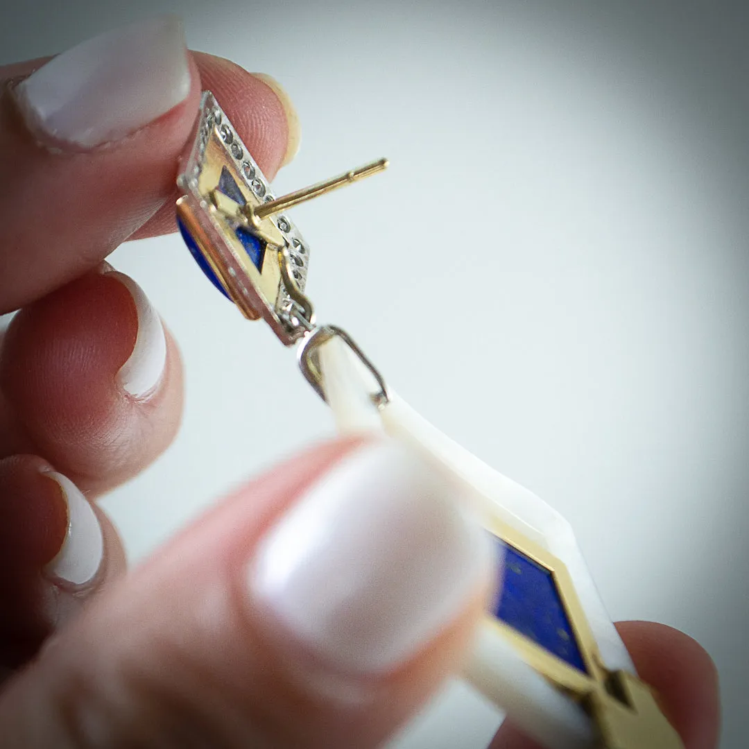 18K Gold Blue Lapis and Diamond Pave Square SW Earrings