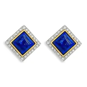 18K Gold Blue Lapis and Diamond Pave Square SW Earrings