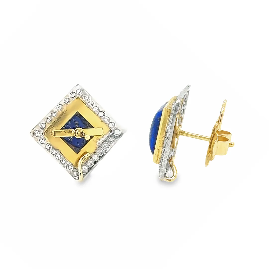 18K Gold Blue Lapis and Diamond Pave Square SW Earrings