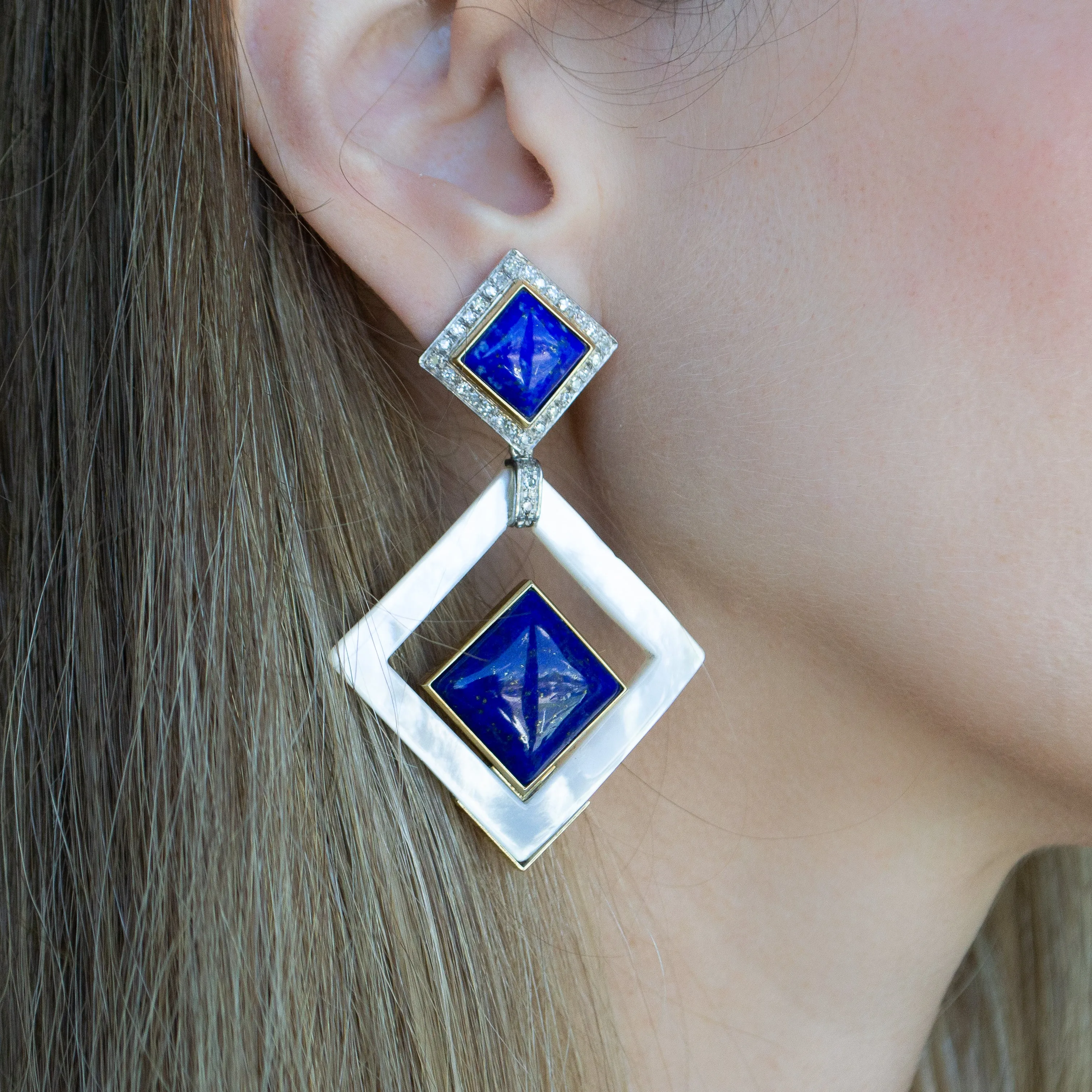 18K Gold Blue Lapis and Diamond Pave Square SW Earrings